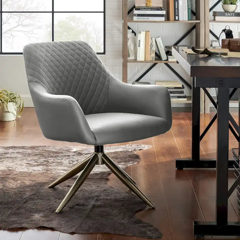 Faux Leather Swivel Accent Chair with Diamond Quilted Back & Metal Base – White, Living Room Chair
