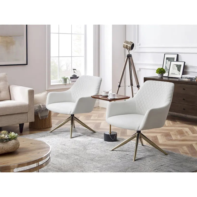 Faux Leather Swivel Accent Chair with Diamond Quilted Back & Metal Base – White, Living Room Chair