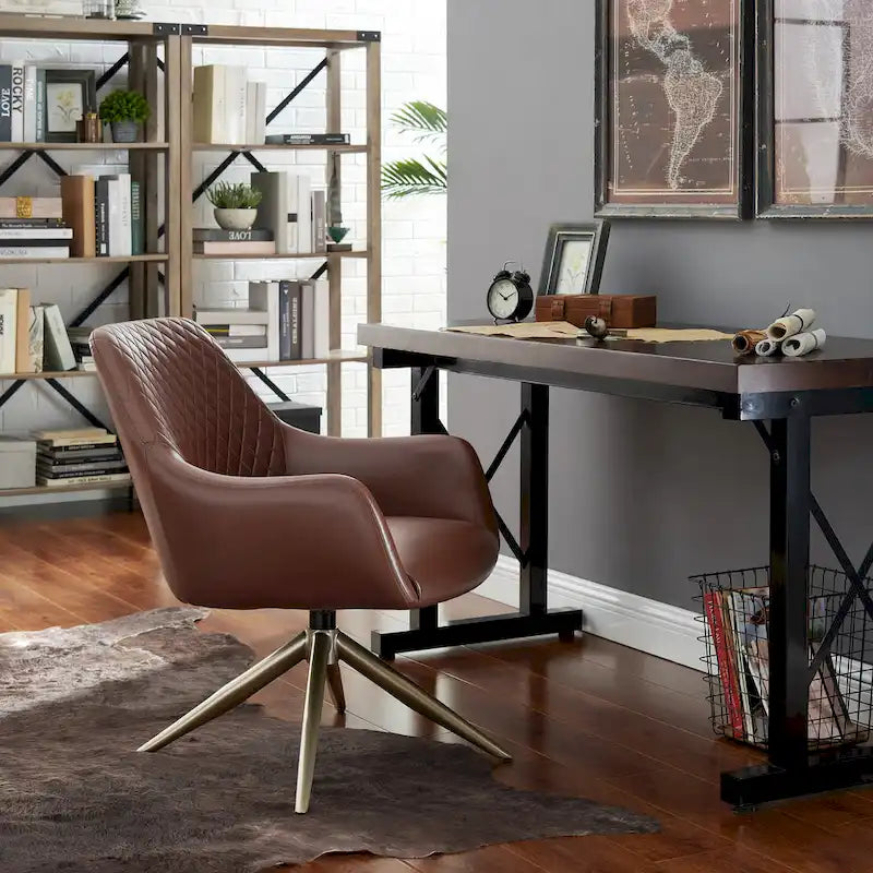 Faux Leather Swivel Accent Chair with Diamond Quilted Back & Metal Base – White, Living Room Chair