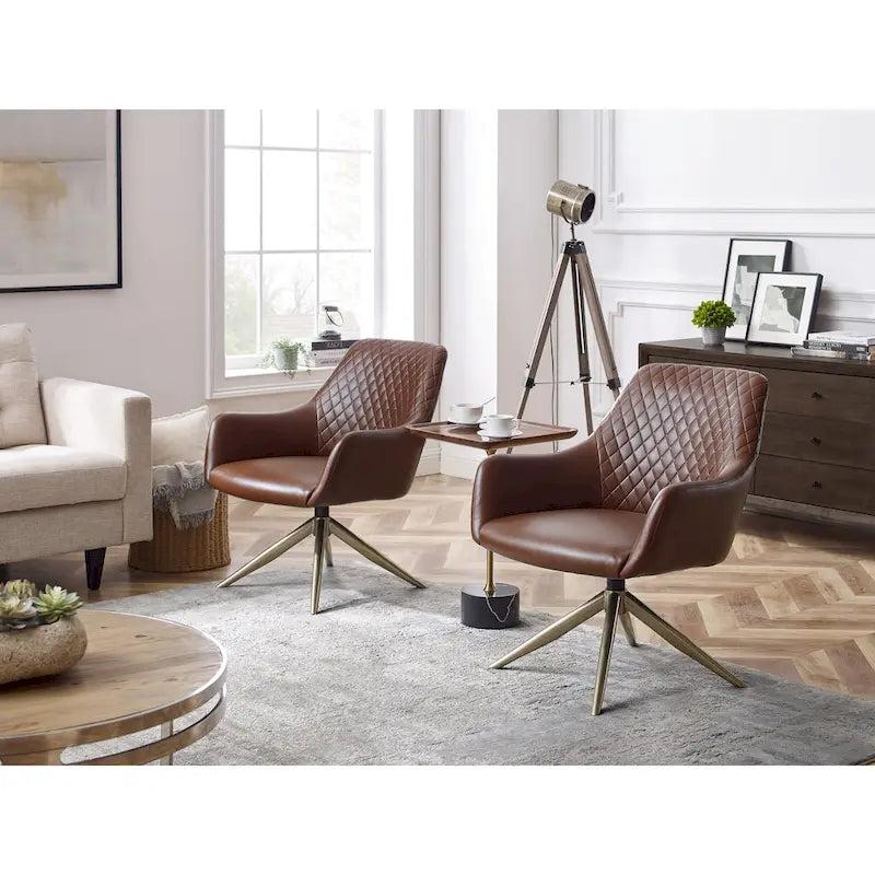 Faux Leather Swivel Accent Chair with Diamond Quilted Back & Metal Base – White, Living Room Chair