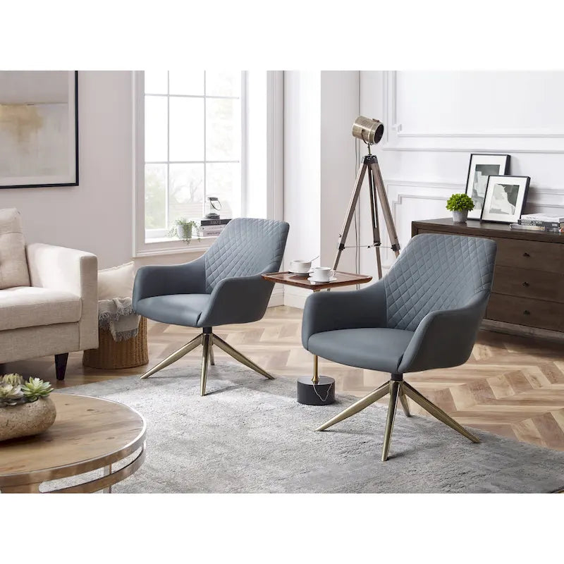 Faux Leather Swivel Accent Chair with Diamond Quilted Back & Metal Base – White, Living Room Chair