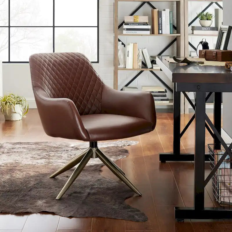 Faux Leather Swivel Accent Chair with Diamond Quilted Back & Metal Base – White, Living Room Chair