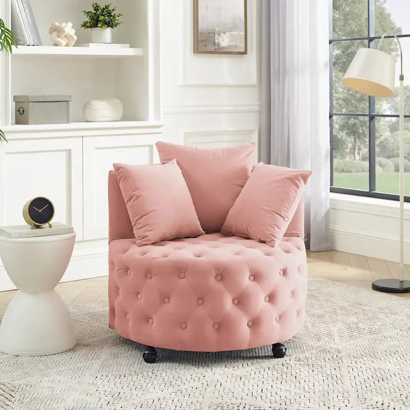 Velvet Swivel Accent Chair with Button Tufted Design, 3 Pillows & Rolling Wheels – 6 Colors