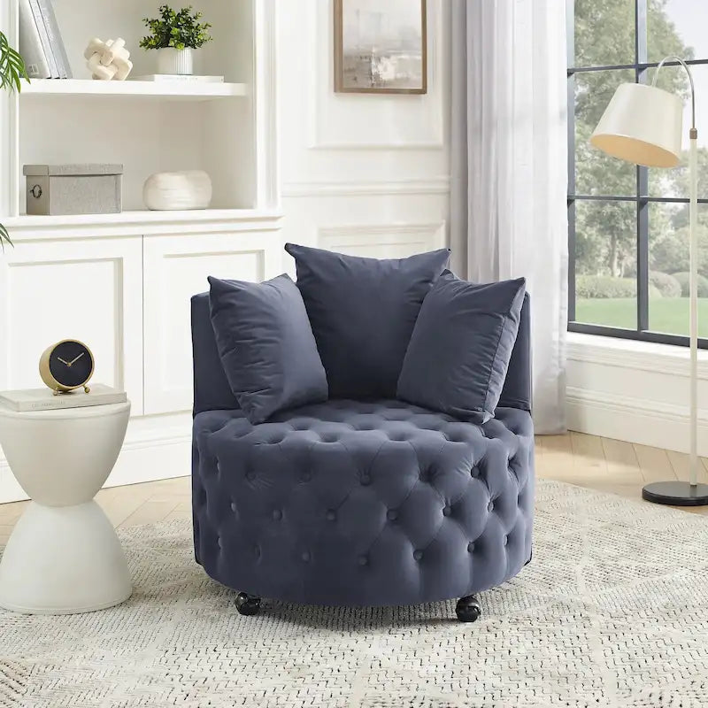 Velvet Swivel Accent Chair with Button Tufted Design, 3 Pillows & Rolling Wheels – 6 Colors