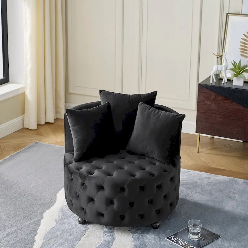 Velvet Swivel Accent Chair with Button Tufted Design, 3 Pillows & Rolling Wheels – 6 Colors