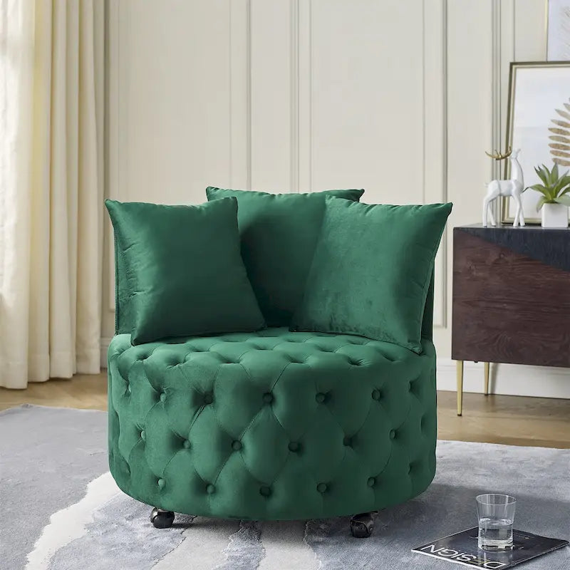 Velvet Swivel Accent Chair with Button Tufted Design, 3 Pillows & Rolling Wheels – 6 Colors