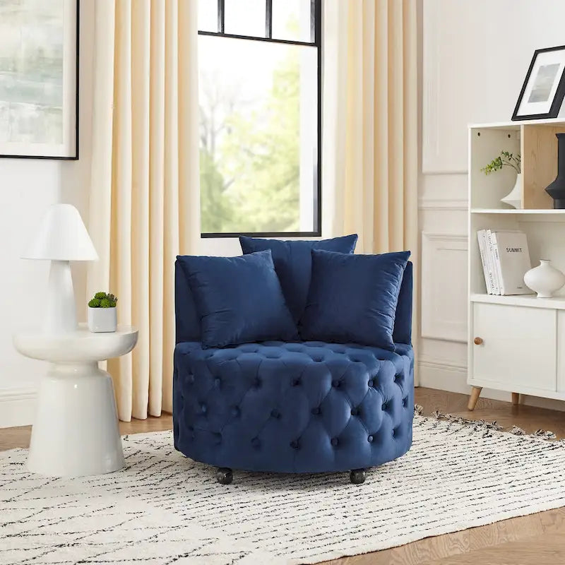 Velvet Swivel Accent Chair with Button Tufted Design, 3 Pillows & Rolling Wheels – 6 Colors