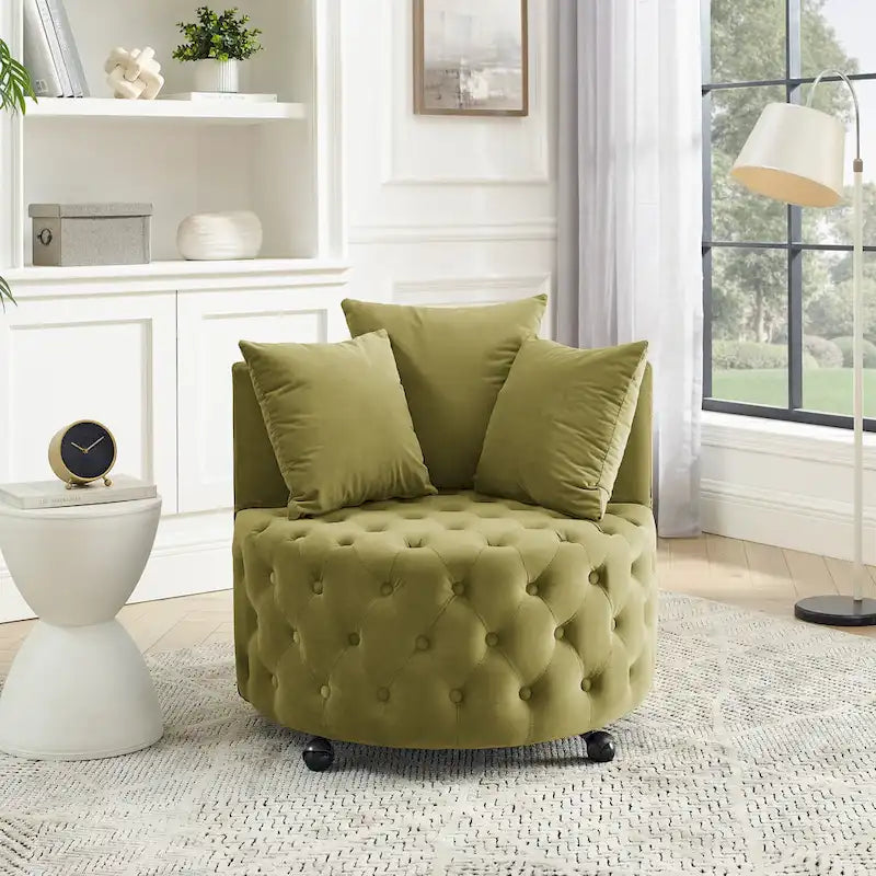 Velvet Swivel Accent Chair with Button Tufted Design, 3 Pillows & Rolling Wheels – 6 Colors