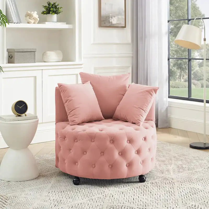 Velvet Swivel Accent Chair with Button Tufted Design, 3 Pillows & Rolling Wheels – 6 Colors
