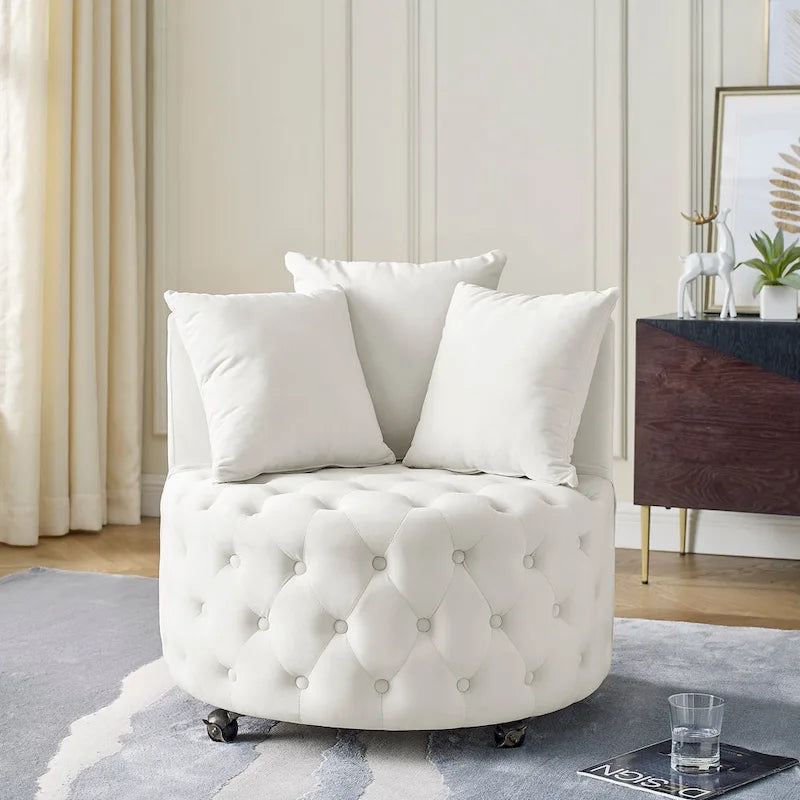 Velvet Swivel Accent Chair with Button Tufted Design, 3 Pillows & Rolling Wheels – 6 Colors