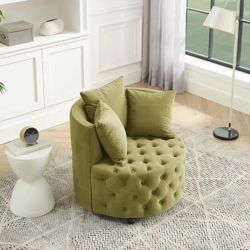 Velvet Swivel Accent Chair with Button Tufted Design, 3 Pillows & Rolling Wheels – 6 Colors