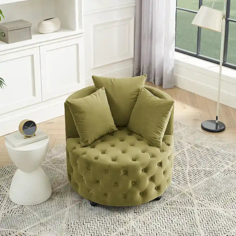 Velvet Swivel Accent Chair with Button Tufted Design, 3 Pillows & Rolling Wheels – 6 Colors
