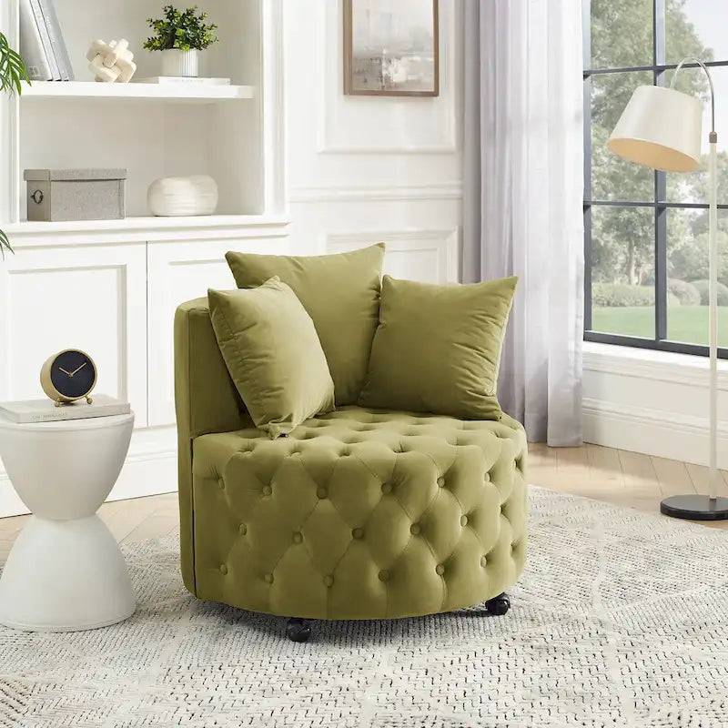 Velvet Swivel Accent Chair with Button Tufted Design, 3 Pillows & Rolling Wheels – 6 Colors