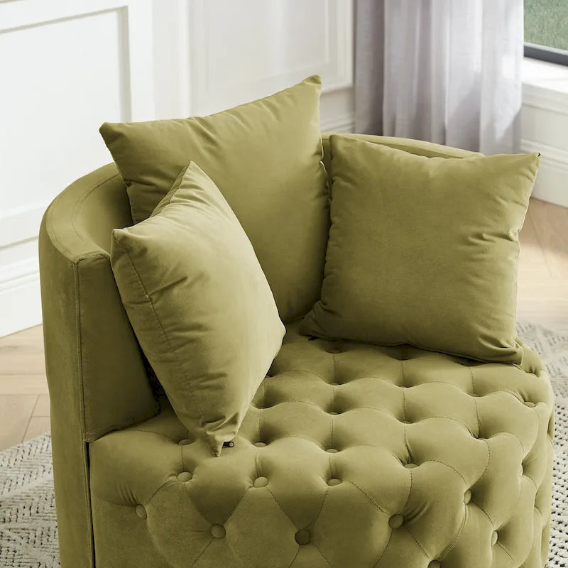 Velvet Swivel Accent Chair with Button Tufted Design, 3 Pillows & Rolling Wheels – 6 Colors