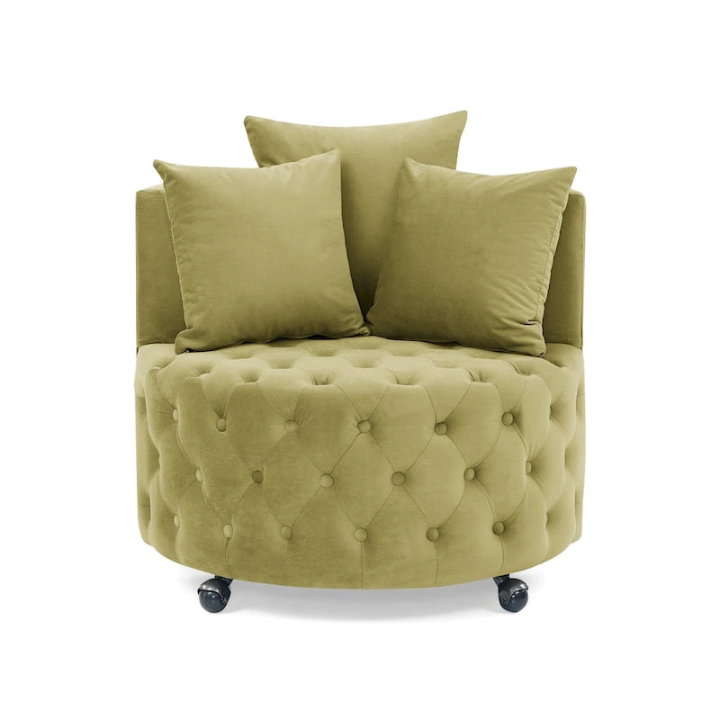Velvet Swivel Accent Chair with Button Tufted Design, 3 Pillows & Rolling Wheels – 6 Colors