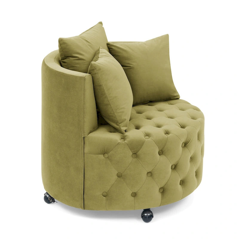 Velvet Swivel Accent Chair with Button Tufted Design, 3 Pillows & Rolling Wheels – 6 Colors