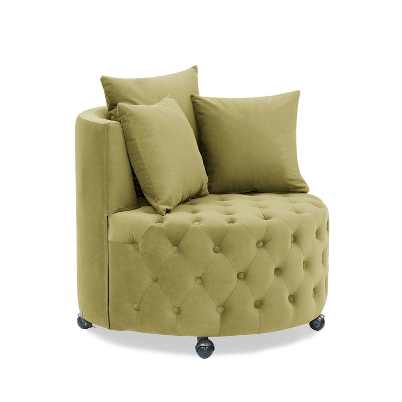 Velvet Swivel Accent Chair with Button Tufted Design, 3 Pillows & Rolling Wheels – 6 Colors