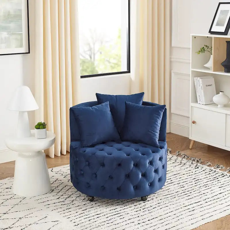 Velvet Swivel Accent Chair with Button Tufted Design, 3 Pillows & Rolling Wheels – 6 Colors