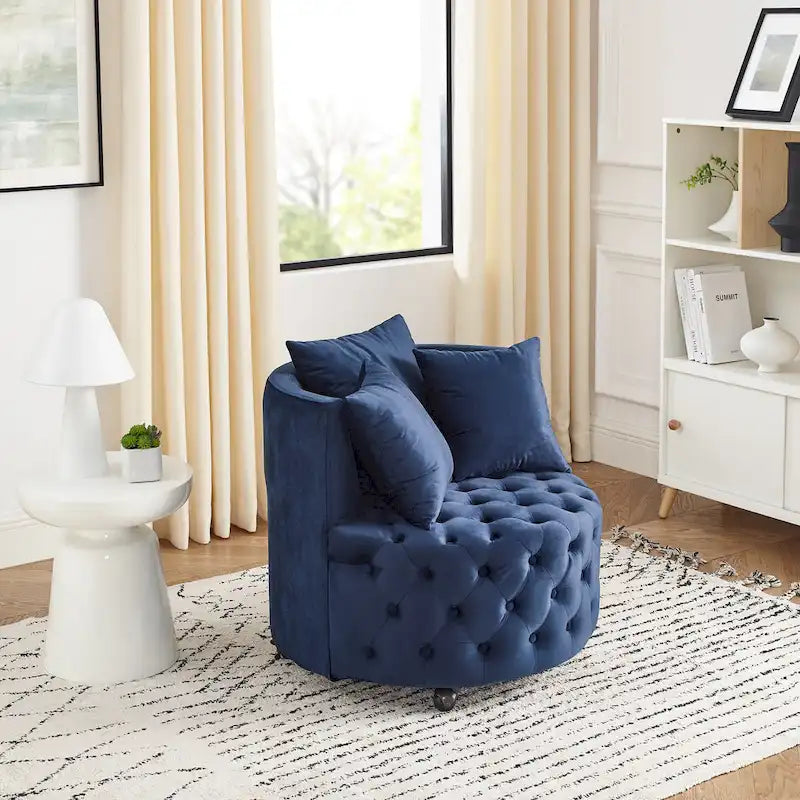 Velvet Swivel Accent Chair with Button Tufted Design, 3 Pillows & Rolling Wheels – 6 Colors