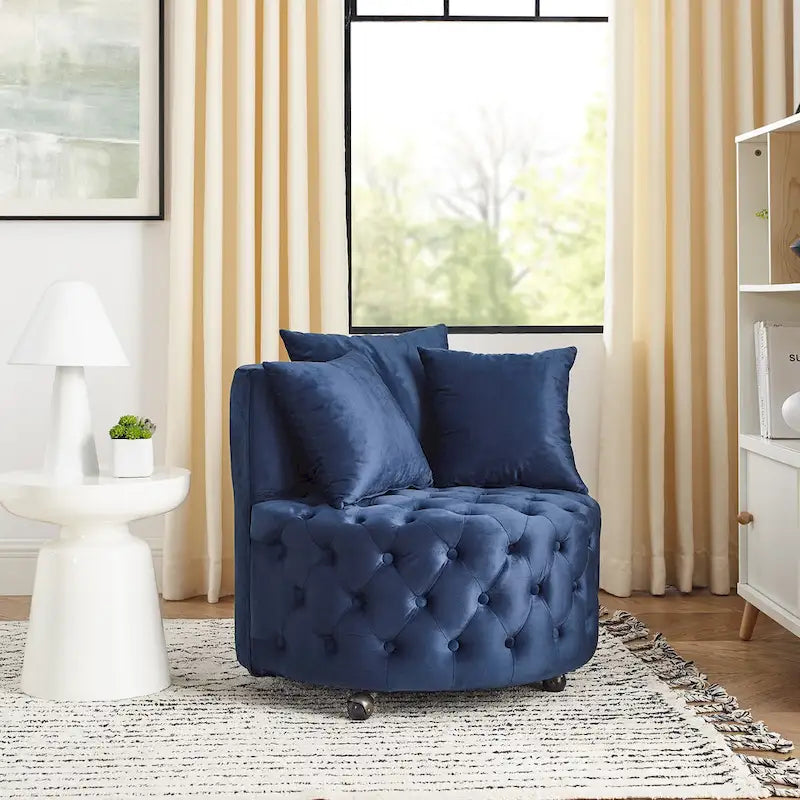 Velvet Swivel Accent Chair with Button Tufted Design, 3 Pillows & Rolling Wheels – 6 Colors