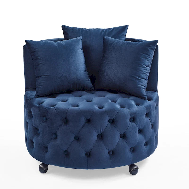 Velvet Swivel Accent Chair with Button Tufted Design, 3 Pillows & Rolling Wheels – 6 Colors