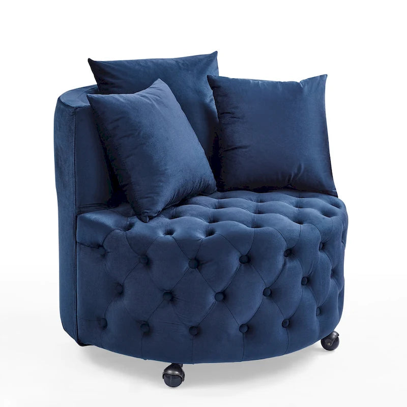 Velvet Swivel Accent Chair with Button Tufted Design, 3 Pillows & Rolling Wheels – 6 Colors
