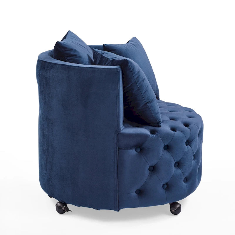 Velvet Swivel Accent Chair with Button Tufted Design, 3 Pillows & Rolling Wheels – 6 Colors