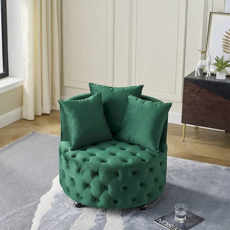 Velvet Swivel Accent Chair with Button Tufted Design, 3 Pillows & Rolling Wheels – 6 Colors