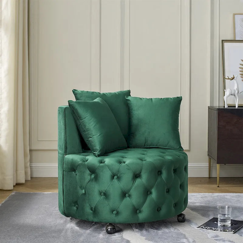 Velvet Swivel Accent Chair with Button Tufted Design, 3 Pillows & Rolling Wheels – 6 Colors