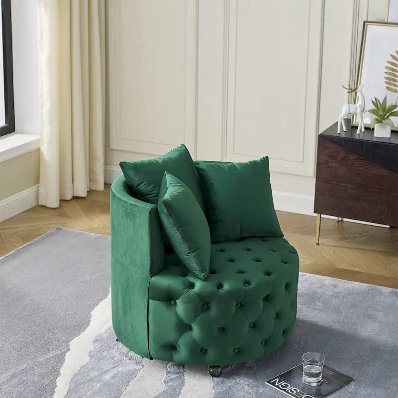 Velvet Swivel Accent Chair with Button Tufted Design, 3 Pillows & Rolling Wheels – 6 Colors