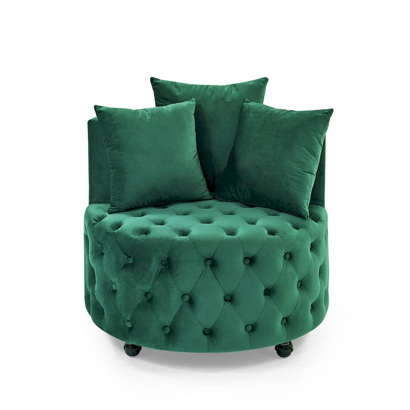 Velvet Swivel Accent Chair with Button Tufted Design, 3 Pillows & Rolling Wheels – 6 Colors