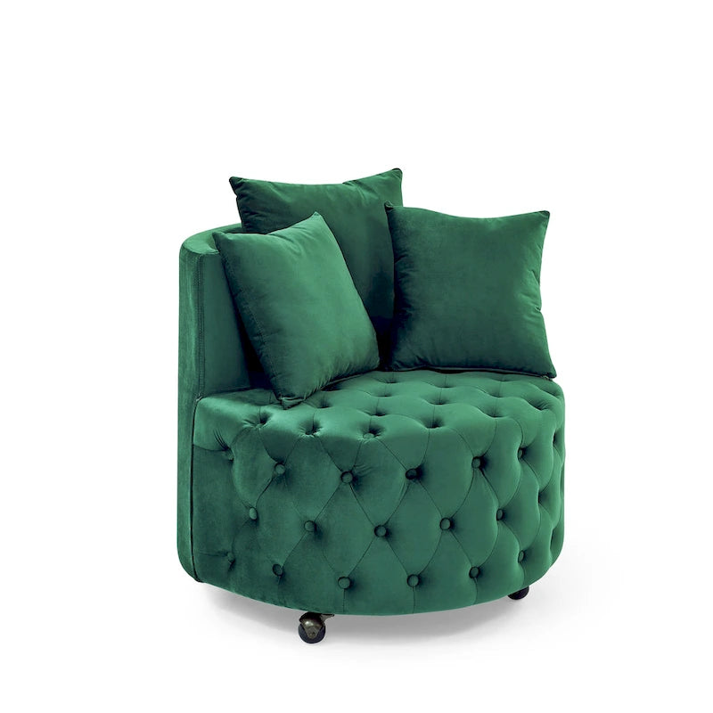 Velvet Swivel Accent Chair with Button Tufted Design, 3 Pillows & Rolling Wheels – 6 Colors