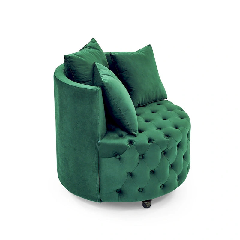 Velvet Swivel Accent Chair with Button Tufted Design, 3 Pillows & Rolling Wheels – 6 Colors