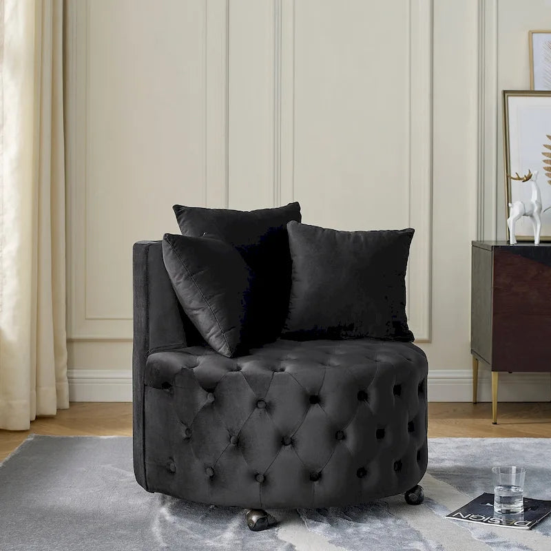 Velvet Swivel Accent Chair with Button Tufted Design, 3 Pillows & Rolling Wheels – 6 Colors