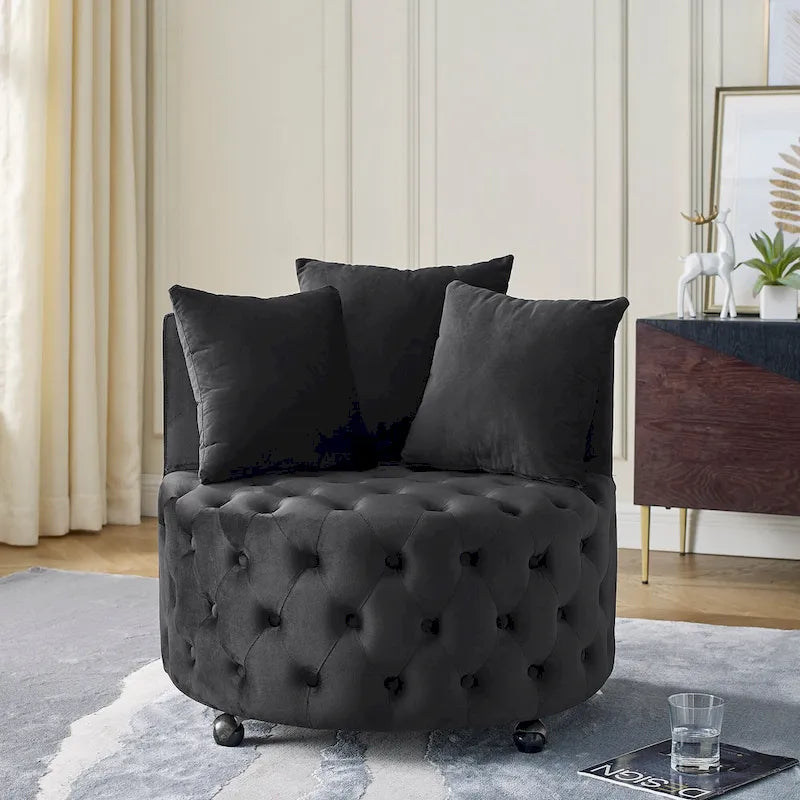 Velvet Swivel Accent Chair with Button Tufted Design, 3 Pillows & Rolling Wheels – 6 Colors