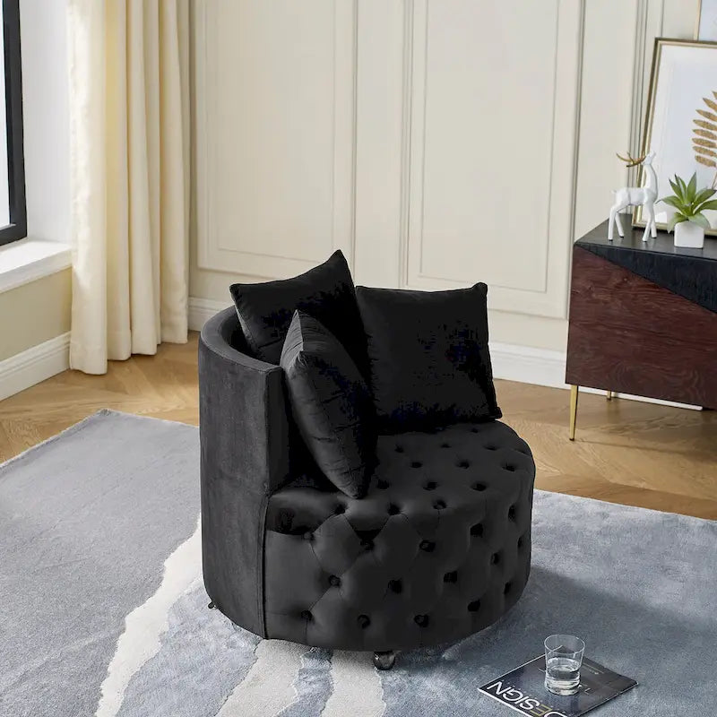 Velvet Swivel Accent Chair with Button Tufted Design, 3 Pillows & Rolling Wheels – 6 Colors