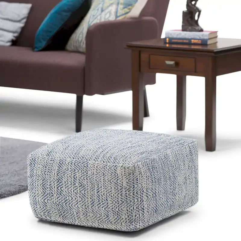Square Woven Herringbone Pouf Ottoman – Light Blue-Grey, Soft Knit Texture, Living Room Footstool