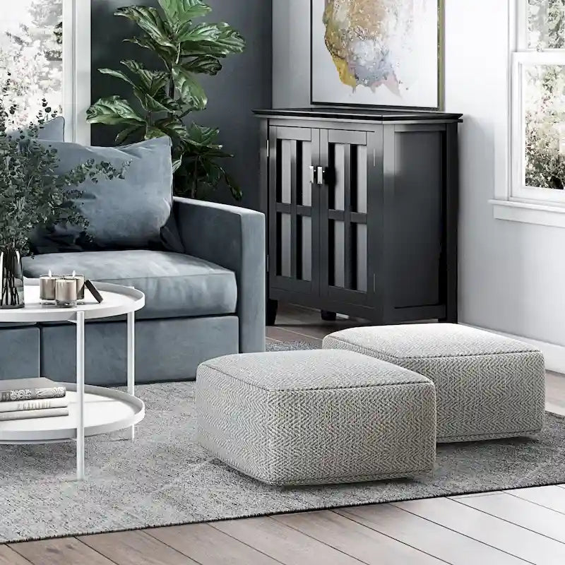 Square Woven Herringbone Pouf Ottoman – Light Blue-Grey, Soft Knit Texture, Living Room Footstool