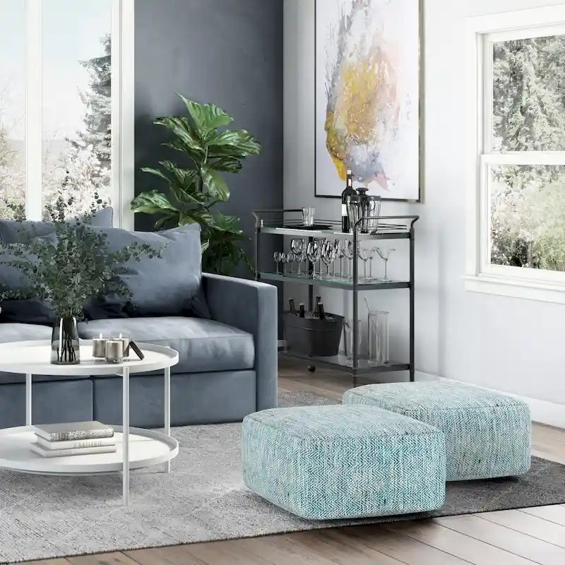 Square Woven Herringbone Pouf Ottoman – Light Blue-Grey, Soft Knit Texture, Living Room Footstool