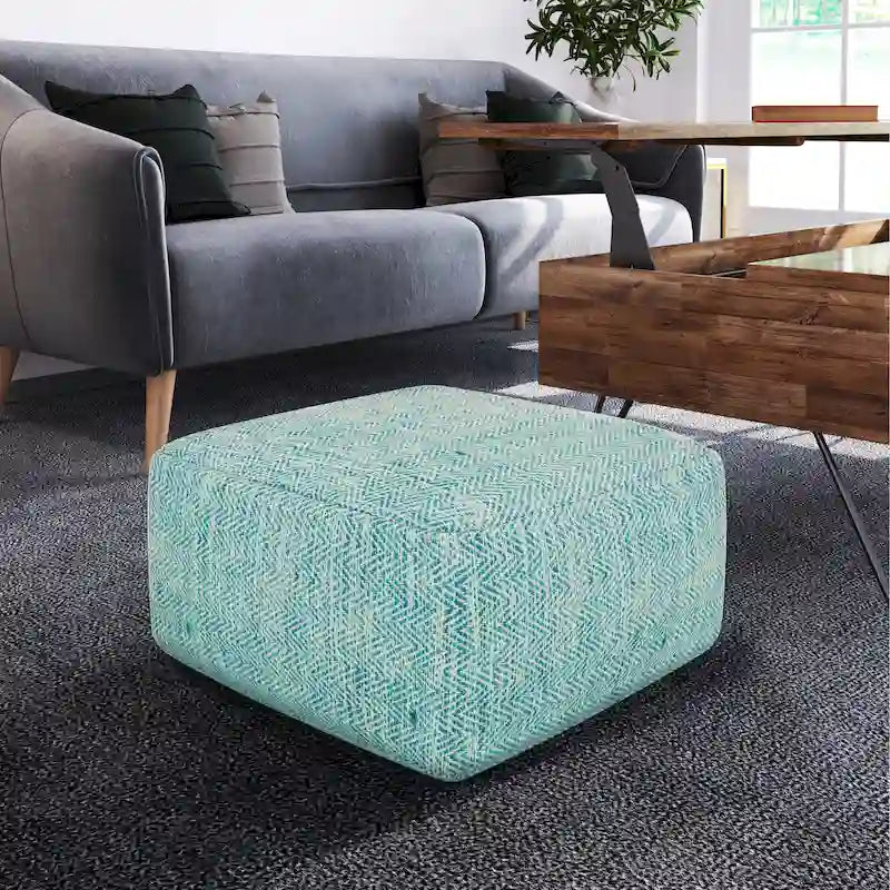 Square Woven Herringbone Pouf Ottoman – Light Blue-Grey, Soft Knit Texture, Living Room Footstool