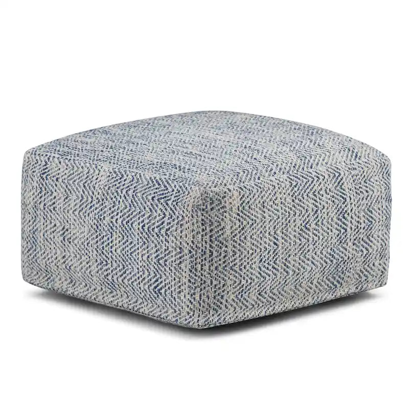 Square Woven Herringbone Pouf Ottoman – Light Blue-Grey, Soft Knit Texture, Living Room Footstool