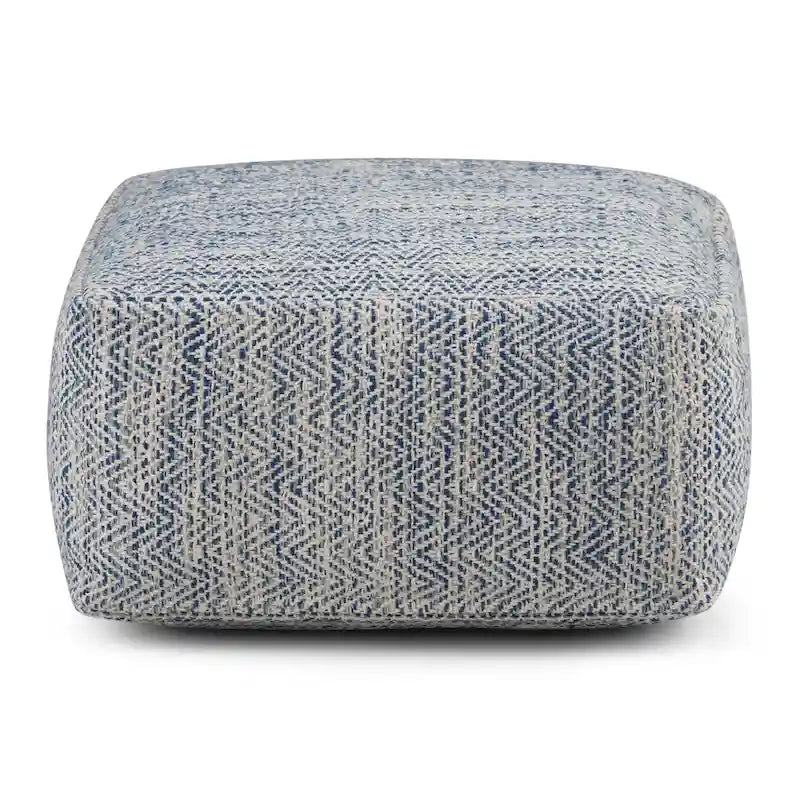 Square Woven Herringbone Pouf Ottoman – Light Blue-Grey, Soft Knit Texture, Living Room Footstool