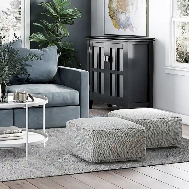 Square Woven Herringbone Pouf Ottoman – Light Blue-Grey, Soft Knit Texture, Living Room Footstool