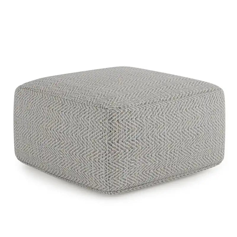 Square Woven Herringbone Pouf Ottoman – Light Blue-Grey, Soft Knit Texture, Living Room Footstool