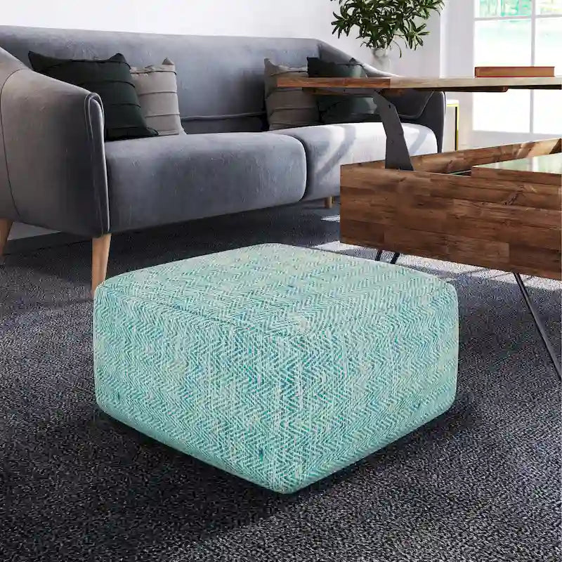 Square Woven Herringbone Pouf Ottoman – Light Blue-Grey, Soft Knit Texture, Living Room Footstool