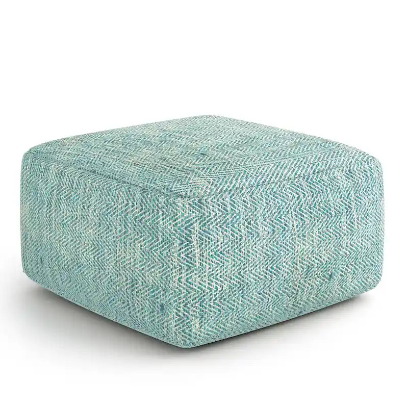 Square Woven Herringbone Pouf Ottoman – Light Blue-Grey, Soft Knit Texture, Living Room Footstool