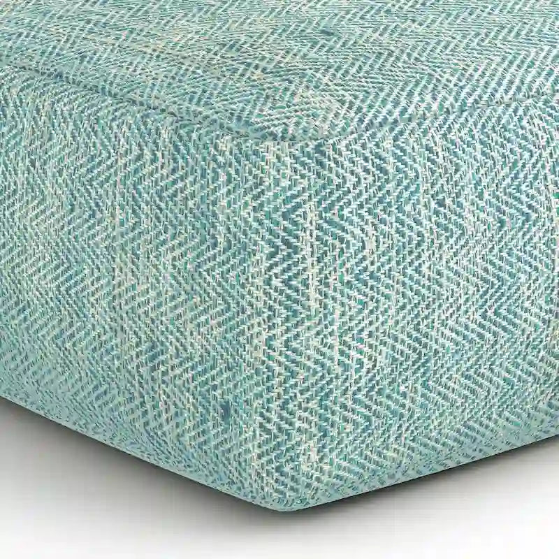Square Woven Herringbone Pouf Ottoman – Light Blue-Grey, Soft Knit Texture, Living Room Footstool