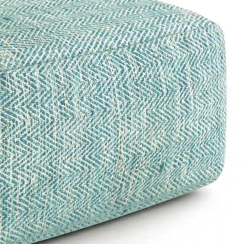 Square Woven Herringbone Pouf Ottoman – Light Blue-Grey, Soft Knit Texture, Living Room Footstool