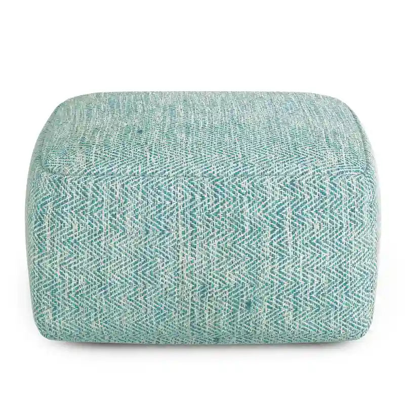 Square Woven Herringbone Pouf Ottoman – Light Blue-Grey, Soft Knit Texture, Living Room Footstool