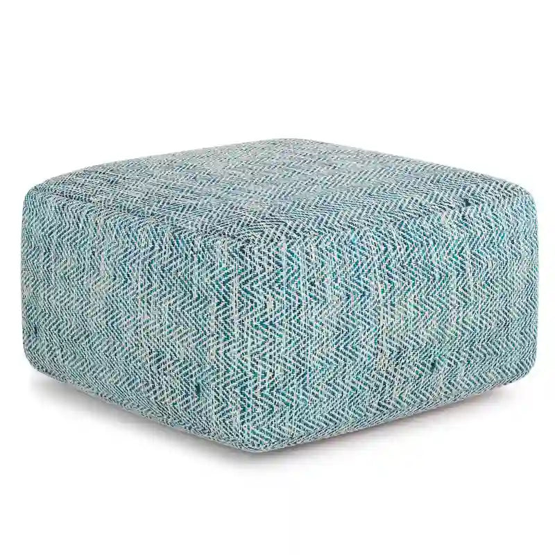 Square Woven Herringbone Pouf Ottoman – Light Blue-Grey, Soft Knit Texture, Living Room Footstool